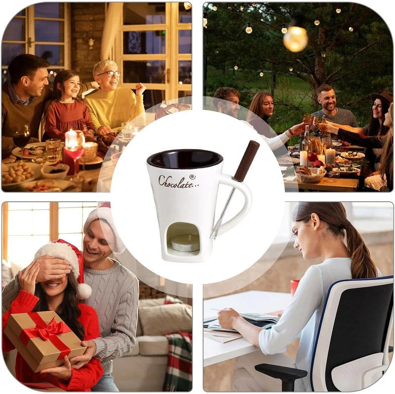Schokoladen Fondue Becher Sets,Mit Gabel Kerze, Keramische Fondue Kaffee Wärmer Tasse Für Sauce Süss