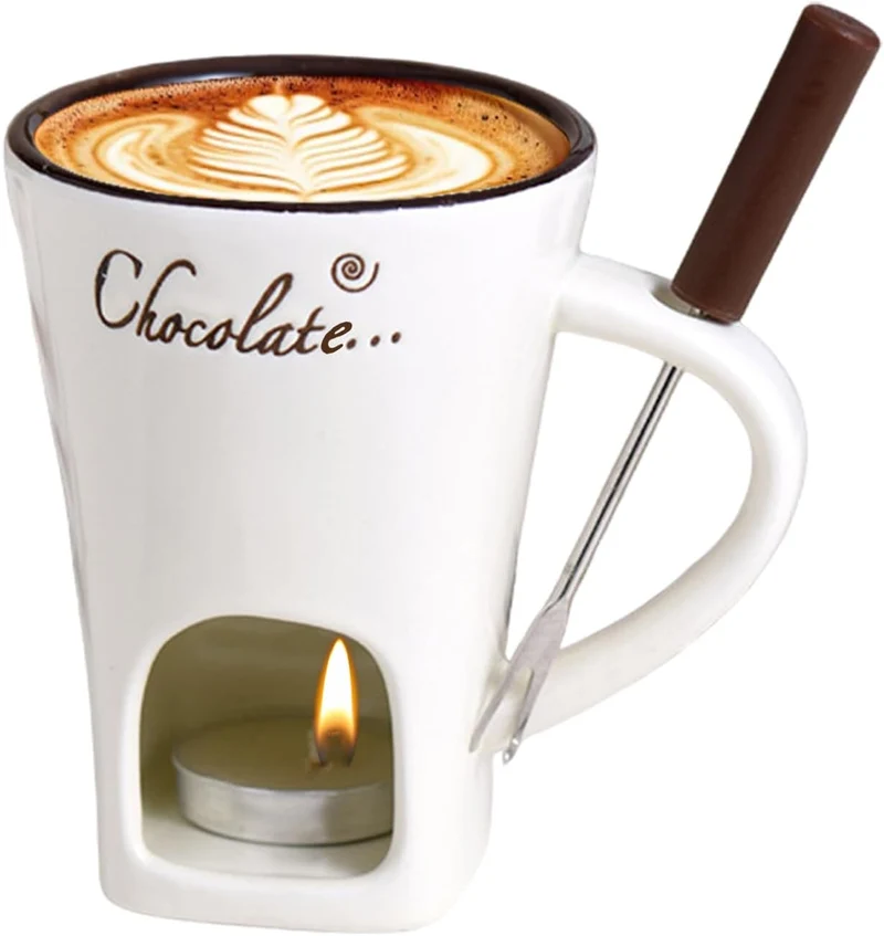 Schokoladen Fondue Becher Sets,Mit Gabel Kerze, Keramische Fondue Kaffee Wärmer Tasse Für Sauce Süss