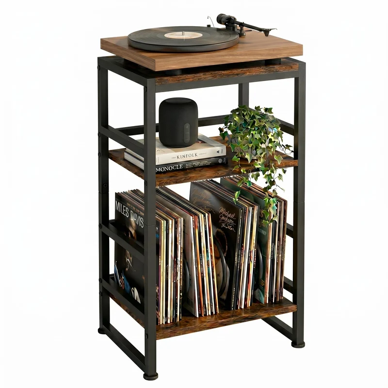 Plattenspieler-Ständer, 3 Etagen Beistelltisch,Plattenspielertisch Aufbewahrung von Schallplatten, b