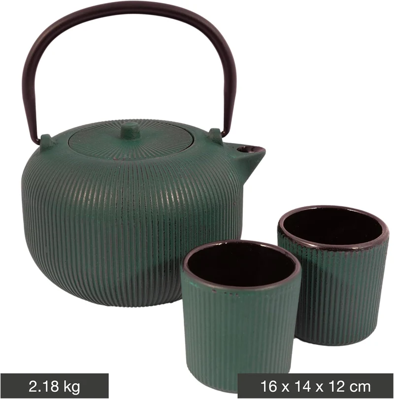 Point-Virgule Set aus gerippter Gusseisen-Teekanne und 2 Tassen mit emaillierter Innenbeschichtung F