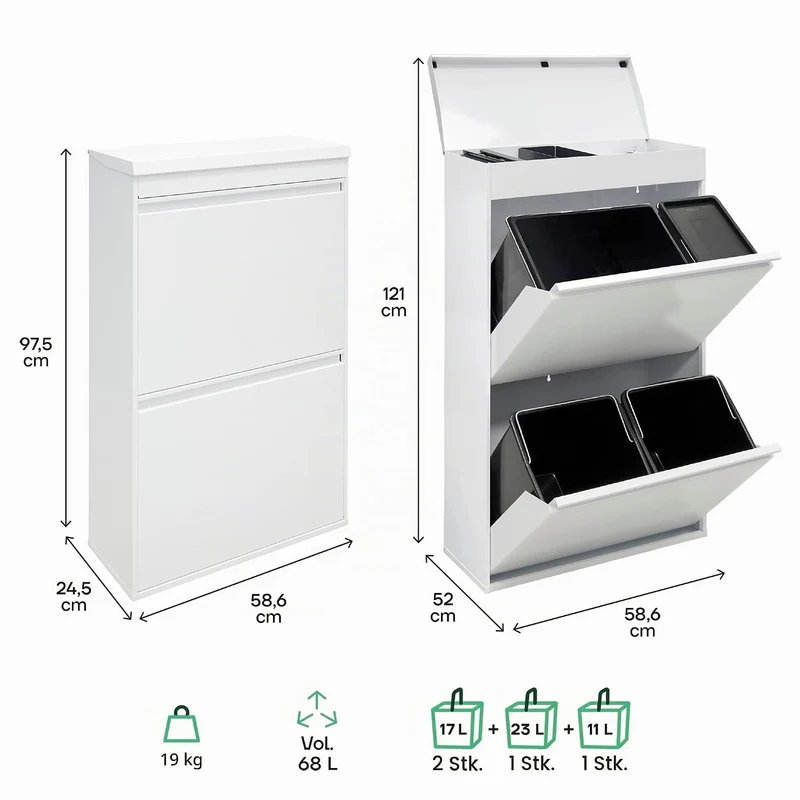 ARREGUI Top CR621-B2 Mülltrennsystem aus Stahl mit Aufbewahrungsbox mit Deckel | 4 Fächer Mülleimer