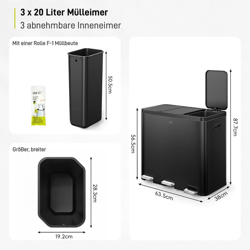EKO Essential Mülleimer 3 Fächer, 3 x 20 Liter, Mülltrennsystem Küchentretmülleimer, inklusive 20 Mü