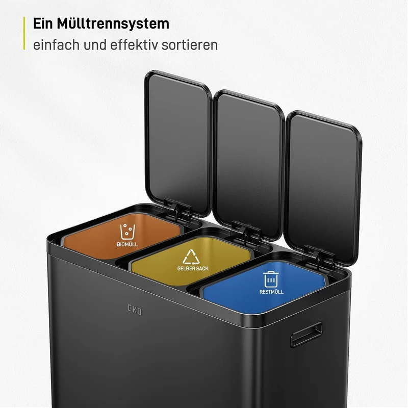 EKO Essential Mülleimer 3 Fächer, 3 x 20 Liter, Mülltrennsystem Küchentretmülleimer, inklusive 20 Mü
