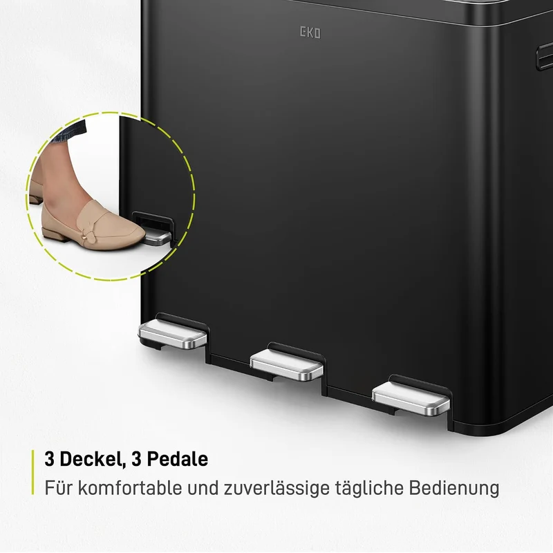 EKO Essential Mülleimer 3 Fächer, 3 x 20 Liter, Mülltrennsystem Küchentretmülleimer, inklusive 20 Mü