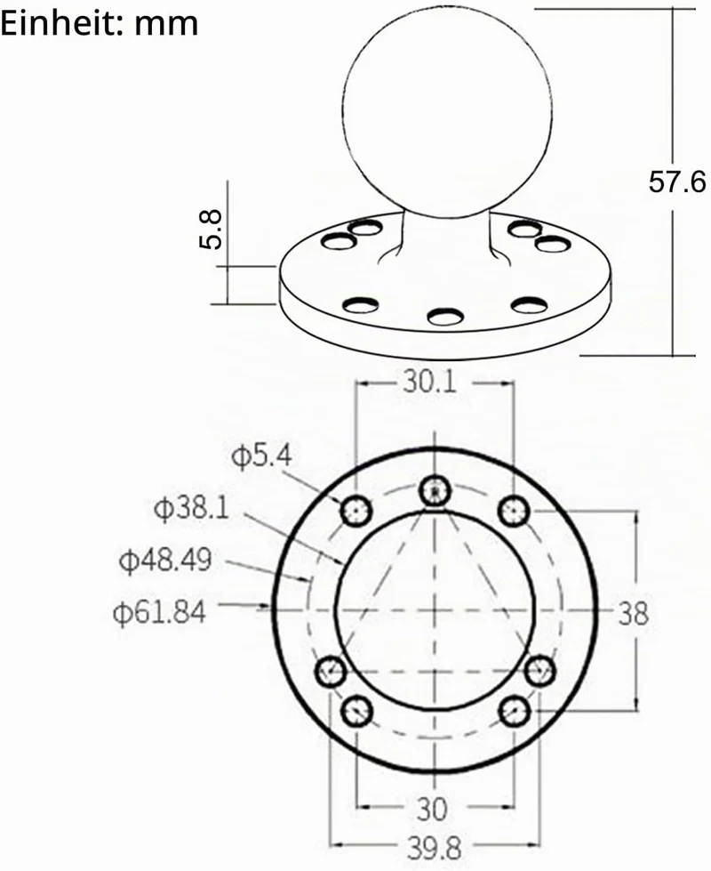 1,5 Zoll/C-Grösse / 38mm Kugelhalterung aus Aluminiumgusslegierung, AMPS-Loch-Rundplattenbasis, Komp