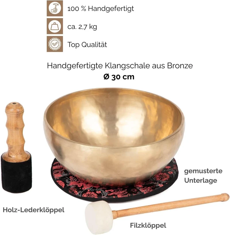 Bodhi Tibetische Klangschale Ø 30 cm | Handgefertigtes Klangschalen Set inkl. Kissen & Klöppel | Sin