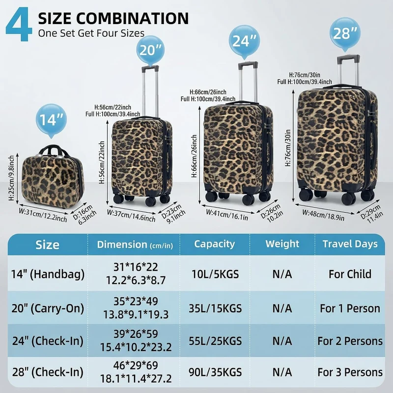 Leopard Print Pattern Luggage Set, 4 - Stück-Set mit Grössen von 14 Zoll, 20 Zoll, 24 Zoll und 28 Zo