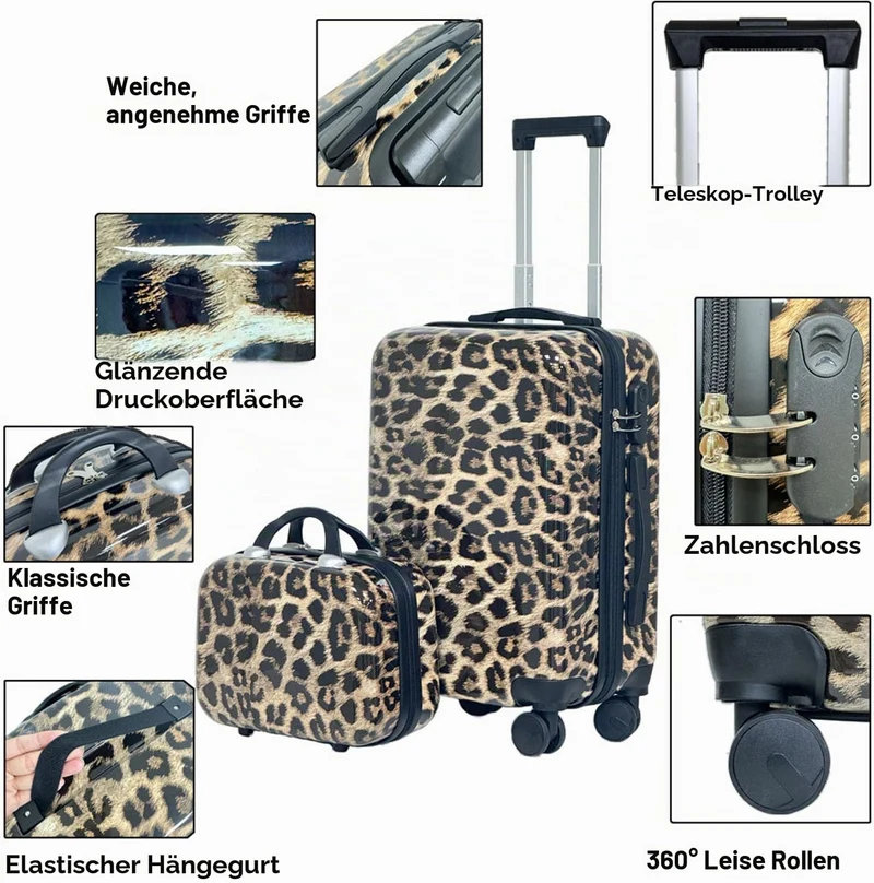 Leopard Print Pattern Luggage Set, 4 - Stück-Set mit Grössen von 14 Zoll, 20 Zoll, 24 Zoll und 28 Zo