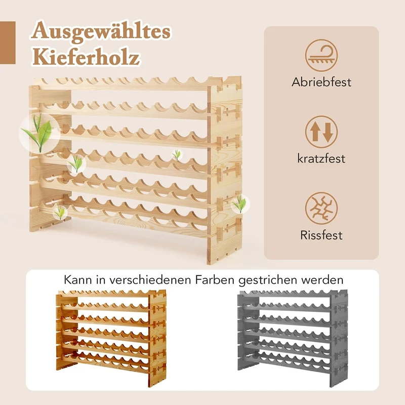 GOPLUS Weinregal stapelbar, Flaschenregal mit 6 Ebenen für 60 Flaschen, Flaschenhalter aus Kiefernho