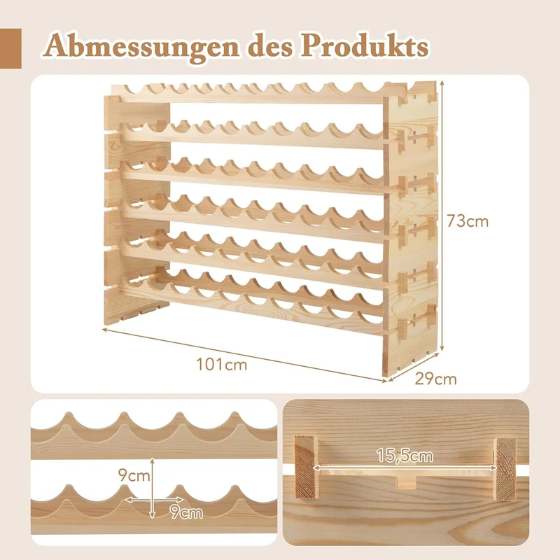 GOPLUS Weinregal stapelbar, Flaschenregal mit 6 Ebenen für 60 Flaschen, Flaschenhalter aus Kiefernho