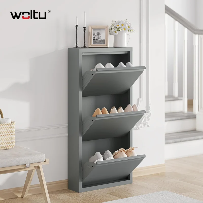WOLTU Schuhschrank, mit 3 Klappen, Schuhregal, Schuhkipper, für 9 Paar Schuhe, aus Metall, für Flur
