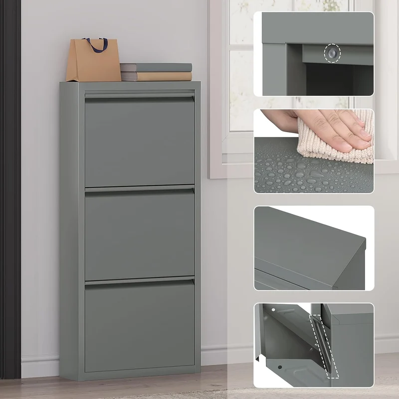 WOLTU Schuhschrank, mit 3 Klappen, Schuhregal, Schuhkipper, für 9 Paar Schuhe, aus Metall, für Flur