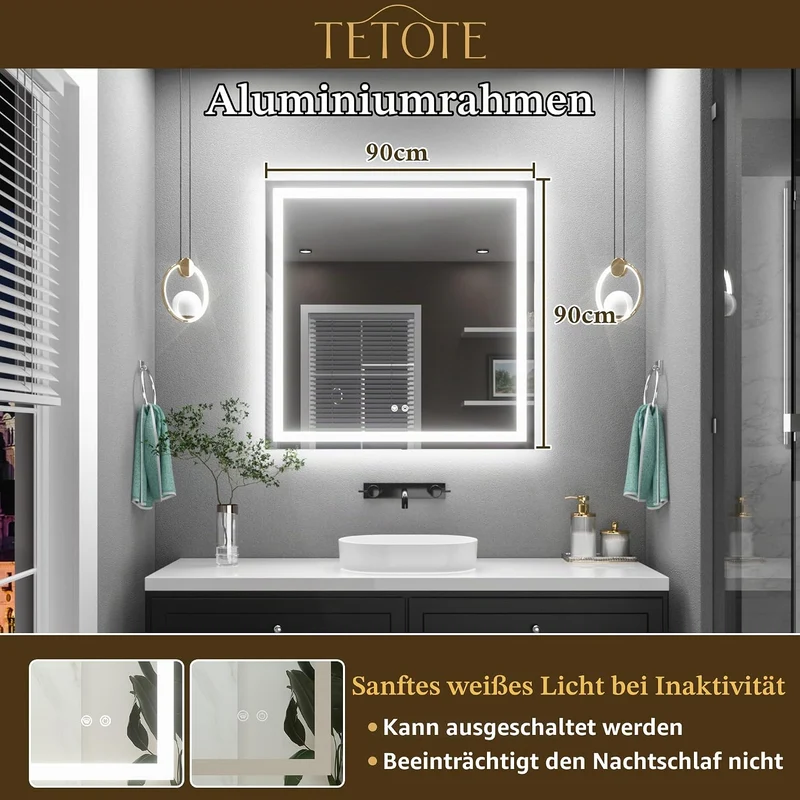 TETOTE Badspiegel mit Beleuchtung 90x90cm, Badezimmerspiegel Beleuchtet Beschlagfrei Badezimmer Wand
