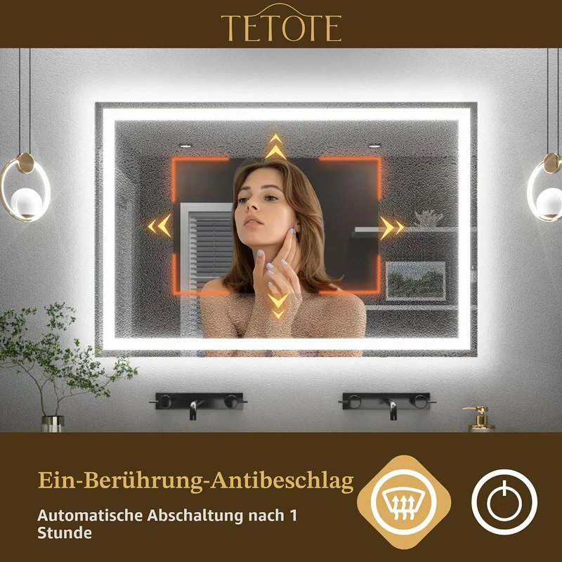 TETOTE Badspiegel mit Beleuchtung 90x90cm, Badezimmerspiegel Beleuchtet Beschlagfrei Badezimmer Wand