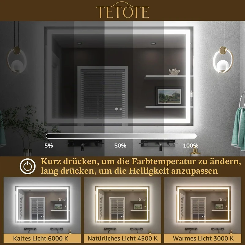 TETOTE Badspiegel mit Beleuchtung 90x90cm, Badezimmerspiegel Beleuchtet Beschlagfrei Badezimmer Wand