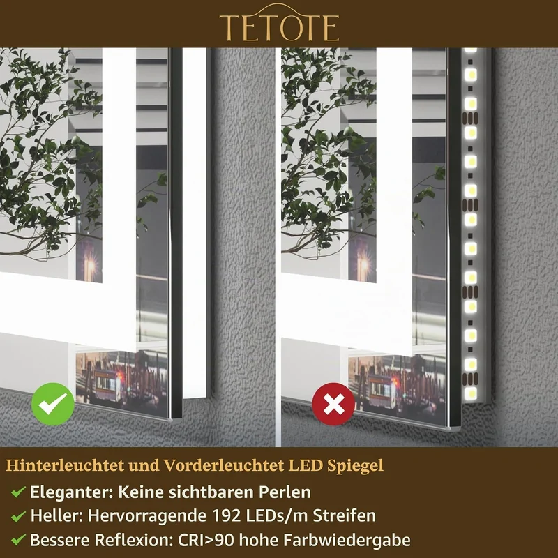 TETOTE Badspiegel mit Beleuchtung 90x90cm, Badezimmerspiegel Beleuchtet Beschlagfrei Badezimmer Wand