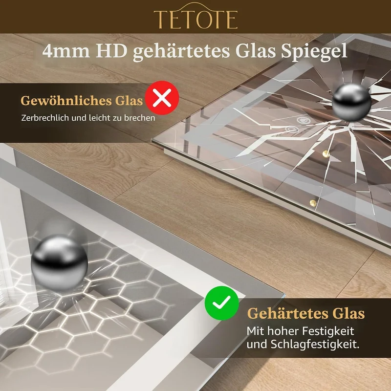 TETOTE Badspiegel mit Beleuchtung 90x90cm, Badezimmerspiegel Beleuchtet Beschlagfrei Badezimmer Wand