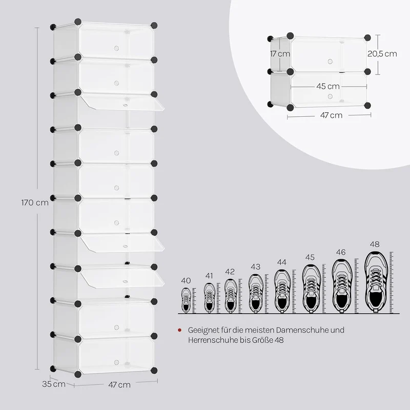 WOLTU Schuhboxen 10 Fächer stapelbar DIY Schuhschrank Weiss 47 x 35 x 170 cm Weiss, 47 x 35 x 170 cm