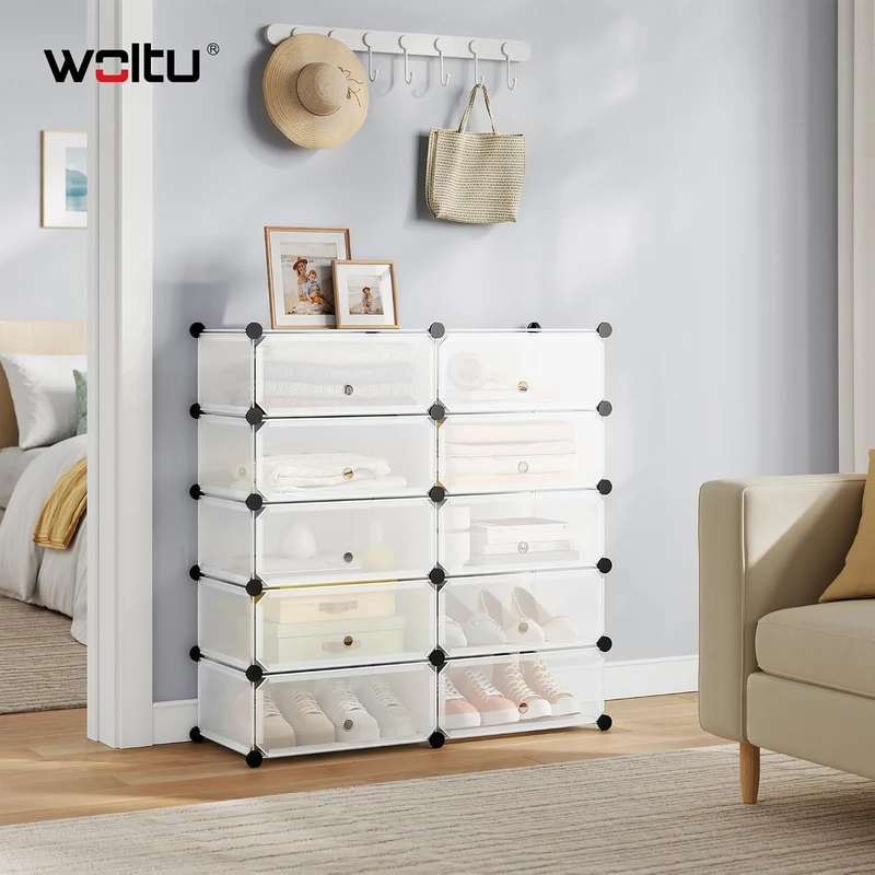 WOLTU Schuhboxen 10 Fächer stapelbar DIY Schuhschrank Weiss 47 x 35 x 170 cm Weiss, 47 x 35 x 170 cm