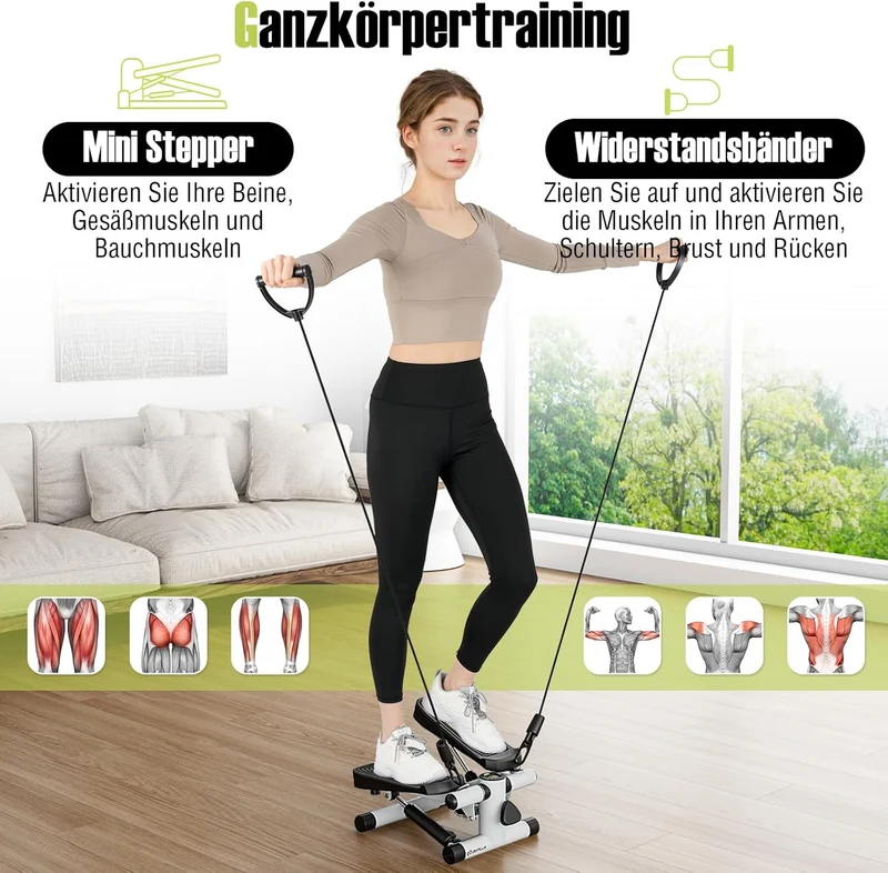 GOPLUS Mini-Stepper, Fitness-Stepper mit Widerstandsbändern, rutschfeste Pedale, hometrainer, Swings