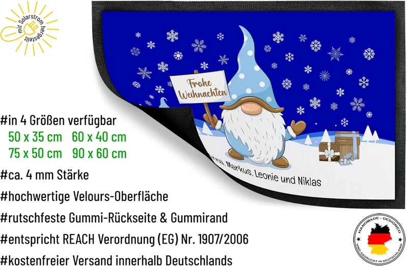 True Statements Weihnachts-Fussmatte personalisiert mit Wunschtext „Frohe Weihnachten“ - mit Gold-Wi