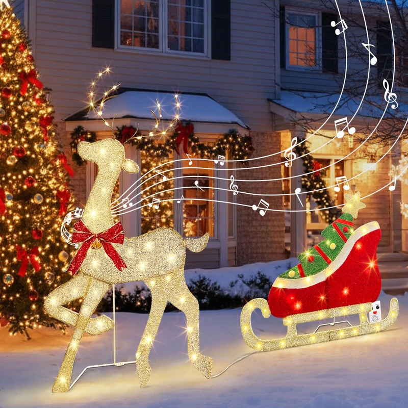 Beleuchtet Rentier mit Schlitten mit 117 Warmweissen LEDs Stehende Weihnachtsdeko mit Musik und Bewe