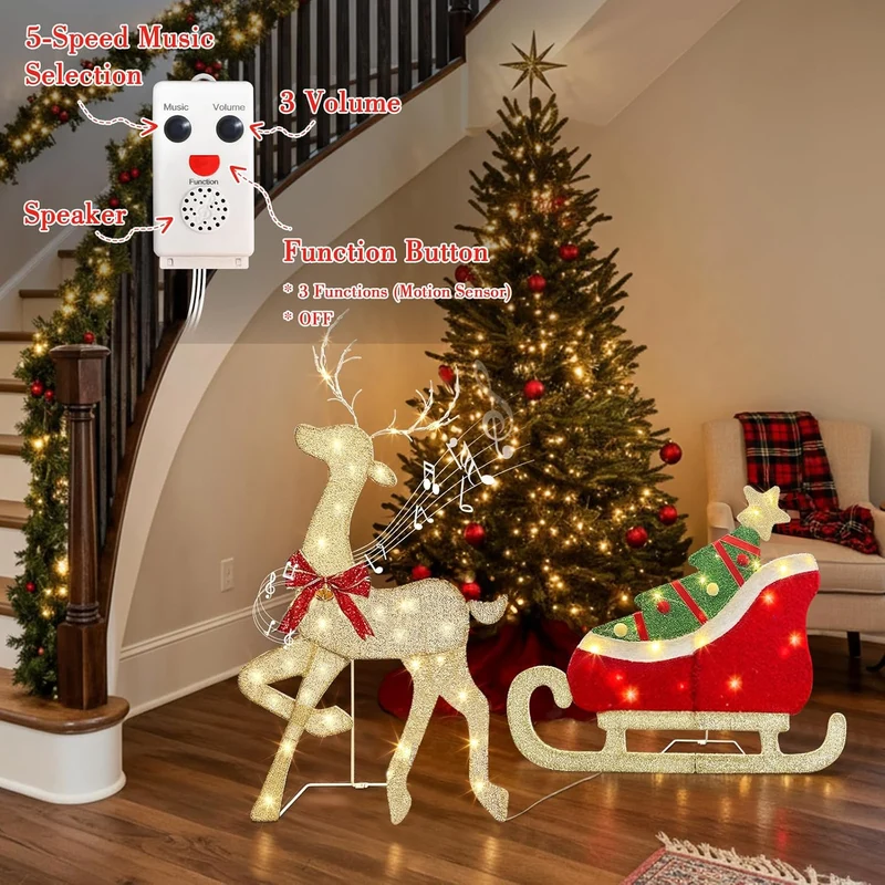 Beleuchtet Rentier mit Schlitten mit 117 Warmweissen LEDs Stehende Weihnachtsdeko mit Musik und Bewe