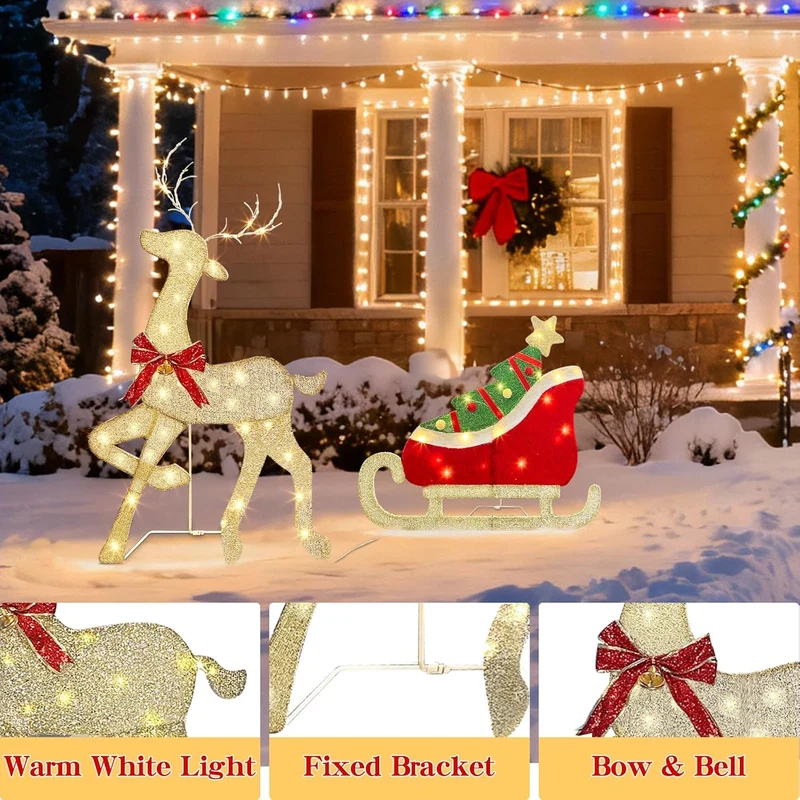 Beleuchtet Rentier mit Schlitten mit 117 Warmweissen LEDs Stehende Weihnachtsdeko mit Musik und Bewe