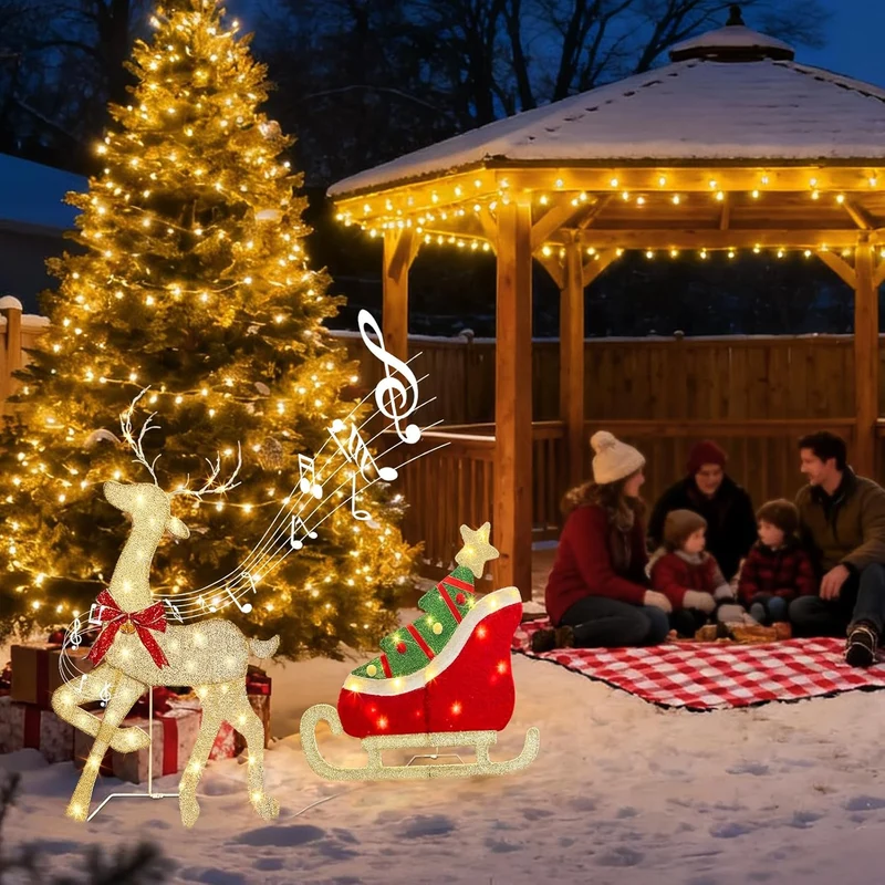 Beleuchtet Rentier mit Schlitten mit 117 Warmweissen LEDs Stehende Weihnachtsdeko mit Musik und Bewe