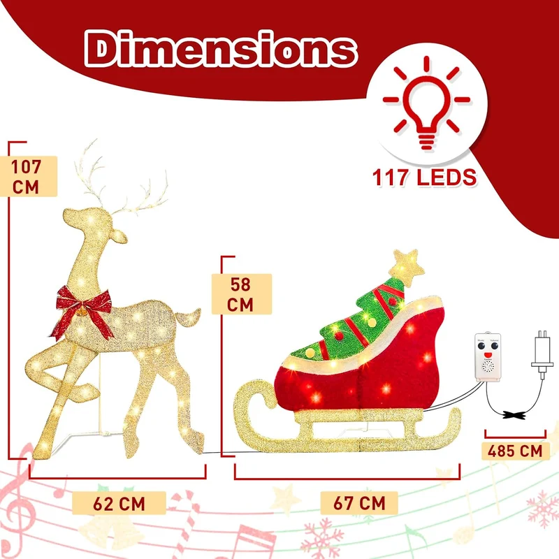 Beleuchtet Rentier mit Schlitten mit 117 Warmweissen LEDs Stehende Weihnachtsdeko mit Musik und Bewe