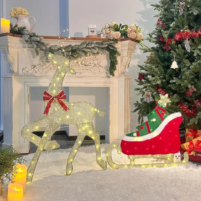 Beleuchtet Rentier mit Schlitten mit 117 Warmweissen LEDs Stehende Weihnachtsdeko mit Musik und Bewe