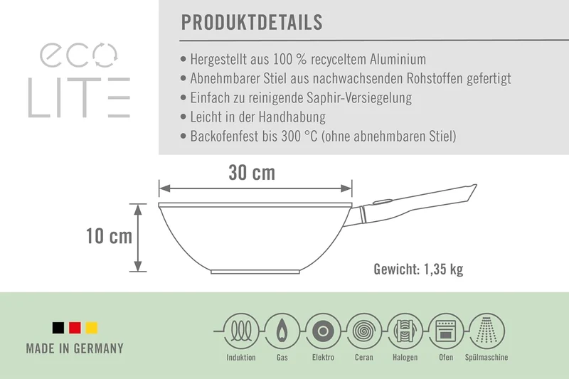 Woll Eco Lite QXR Wok- und Rührpfanne - Induktiv - Ø 30 cm, 10 cm hoch, mit abnehmbarem Stiel - Geei