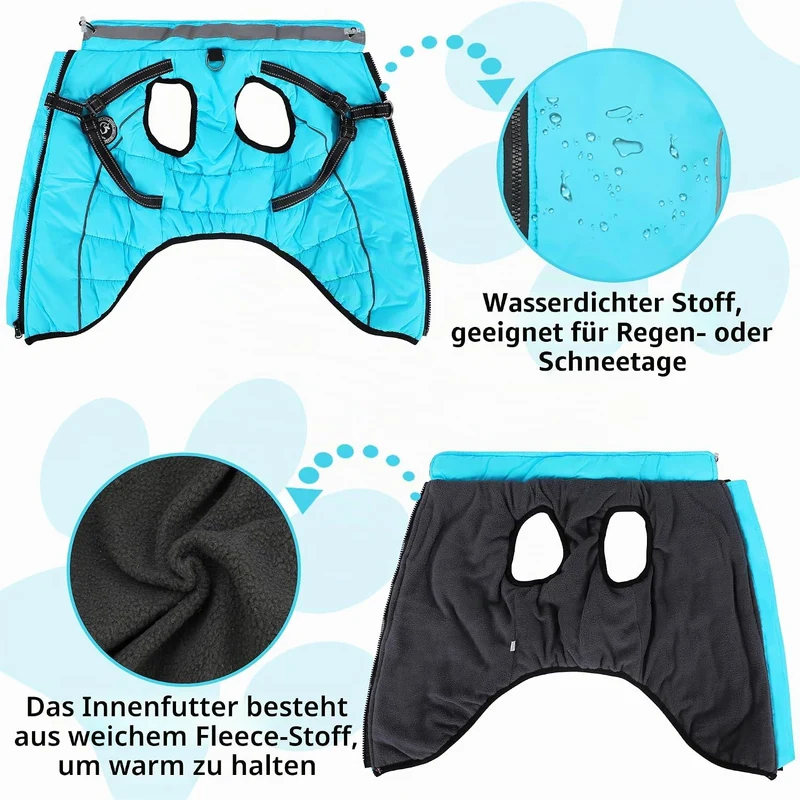 Hundemantel Winter, Hundemantel Wasserdicht, Warme Hundejacke mit Geschirr, Reflektierende Streifen,