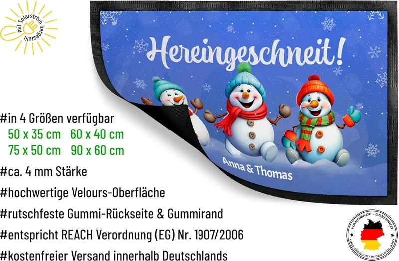 True Statements Weihnachtsdeko Fussmatte 50x35 cm „Hereingeschneit“ personalisiert mit Wunschtext -