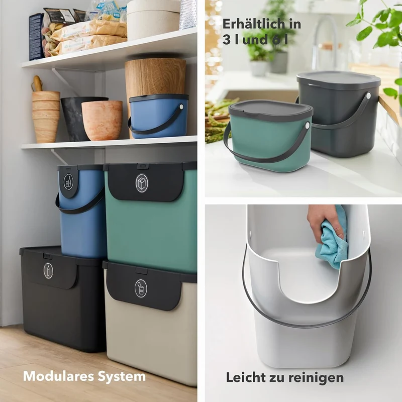 Rotho Albula 2er-Set Biomülleimer 6l mit Deckel und Henkel für die Küche, Kunststoff (PP) BPA-frei,