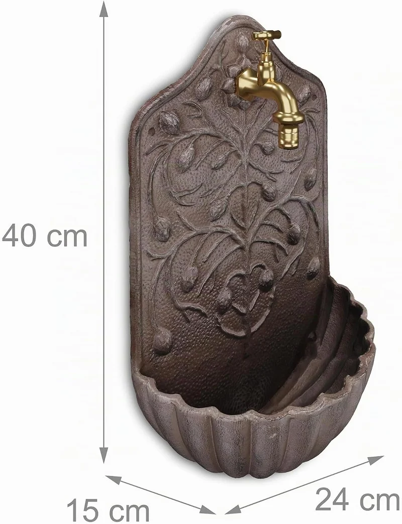 Relaxdays Wandbrunnen, mit Wasserhahn, Waschbecken Garten, Gusseisen, HxBxT: 40 x 24 x 15 cm, antike