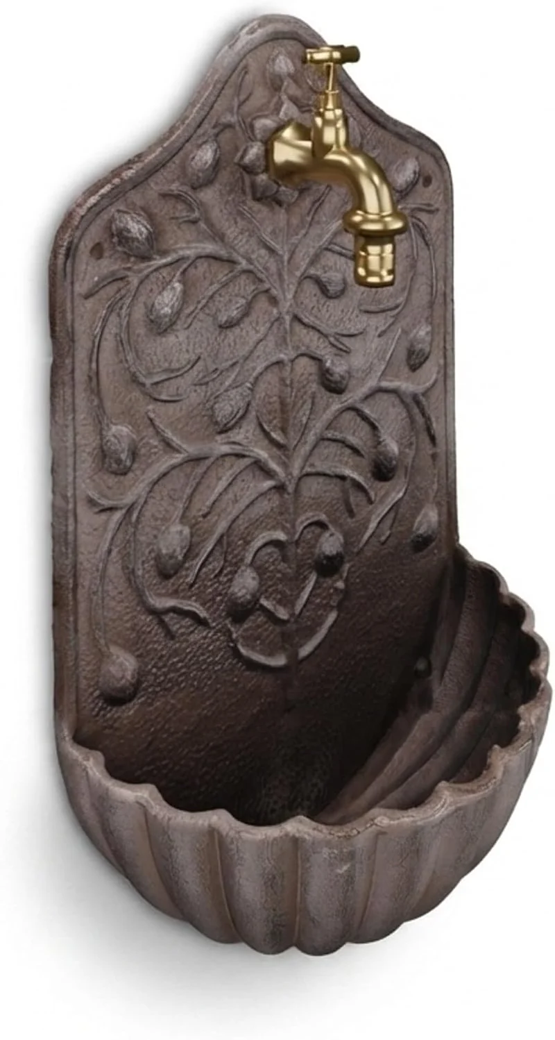 Relaxdays Wandbrunnen, mit Wasserhahn, Waschbecken Garten, Gusseisen, HxBxT: 40 x 24 x 15 cm, antike