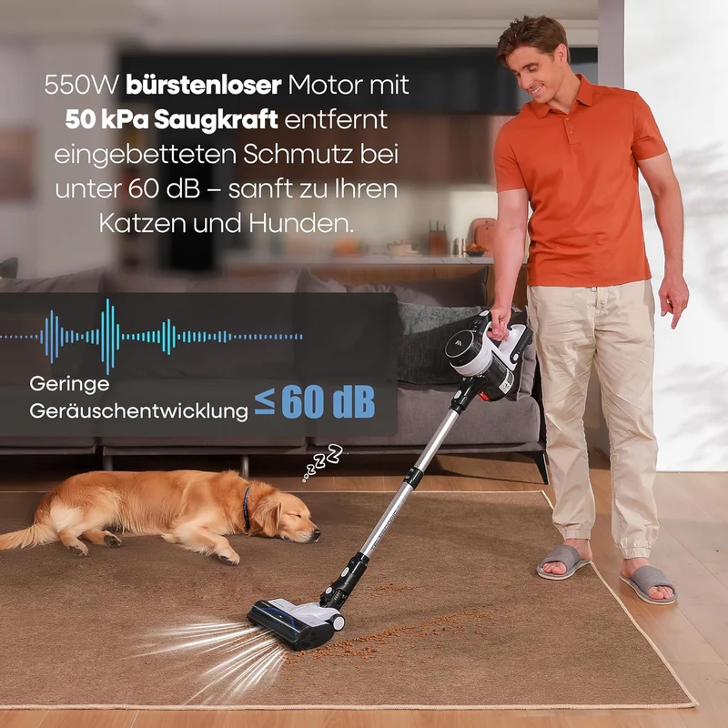 AlloyMove Akku Staubsauger 48000Pa/550W/65Min, 1.5L Staubsauger Kabellos mit Anti-Tangle-Bürste und