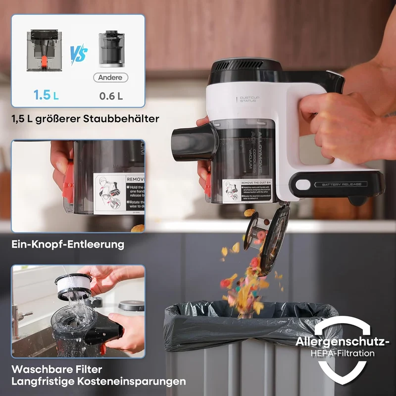 AlloyMove Akku Staubsauger 48000Pa/550W/65Min, 1.5L Staubsauger Kabellos mit Anti-Tangle-Bürste und