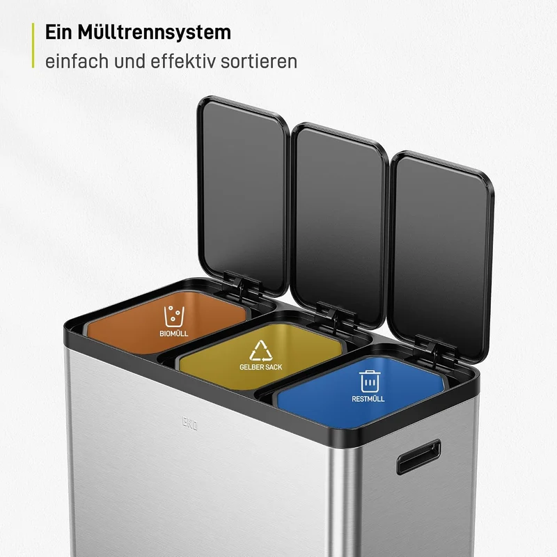 EKO Essential Mülleimer 3 Fächer, 3 x 20 L, Mülltrennsystem Küche, inklusive 20 Müllbeutel, Tretmüll