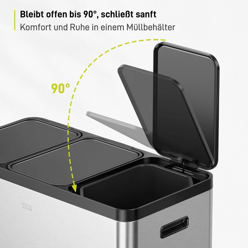 EKO Essential Mülleimer 3 Fächer, 3 x 20 L, Mülltrennsystem Küche, inklusive 20 Müllbeutel, Tretmüll
