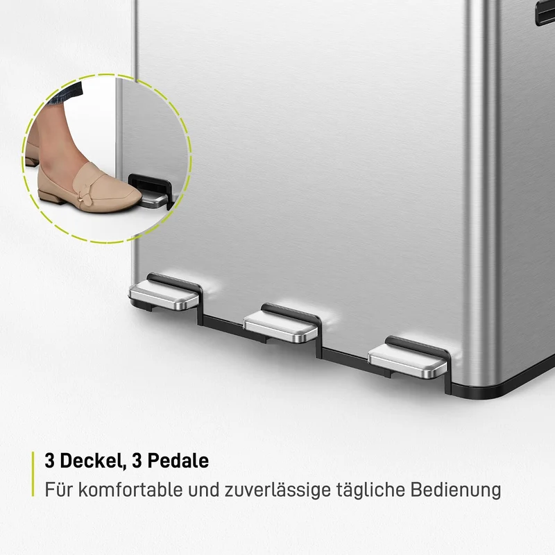 EKO Essential Mülleimer 3 Fächer, 3 x 20 L, Mülltrennsystem Küche, inklusive 20 Müllbeutel, Tretmüll