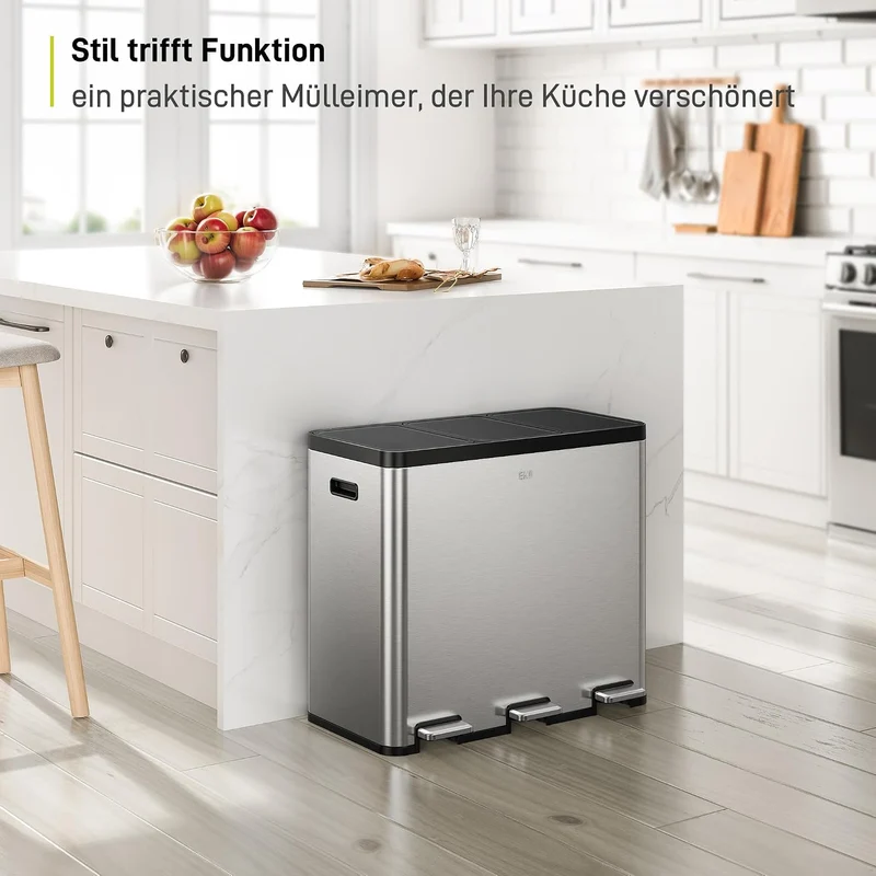 EKO Essential Mülleimer 3 Fächer, 3 x 20 L, Mülltrennsystem Küche, inklusive 20 Müllbeutel, Tretmüll