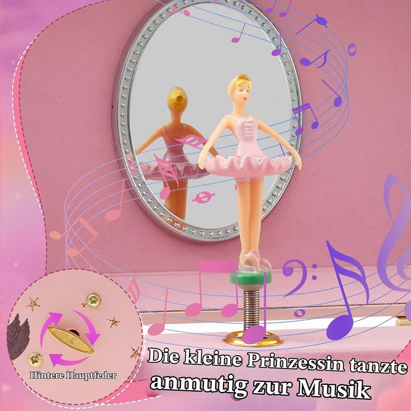 Musikalisches Schmuckkästchen Kinder Spieluhr mit Drehendem Einhorn Ballettmädchen Spiegel Schublade