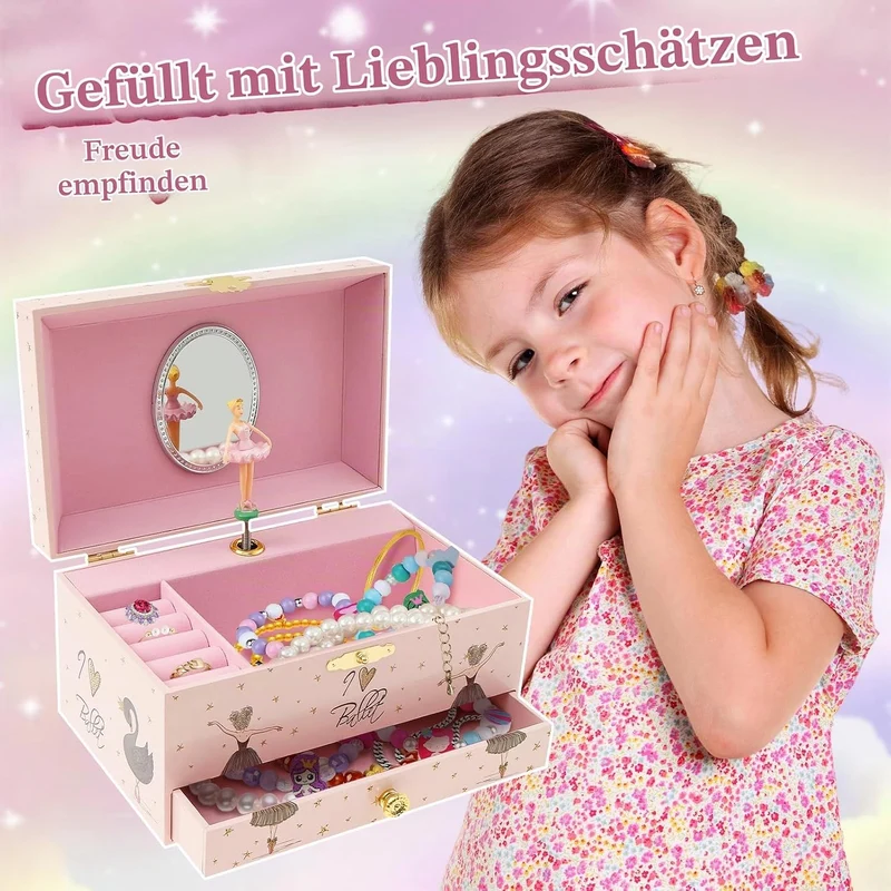 Musikalisches Schmuckkästchen Kinder Spieluhr mit Drehendem Einhorn Ballettmädchen Spiegel Schublade