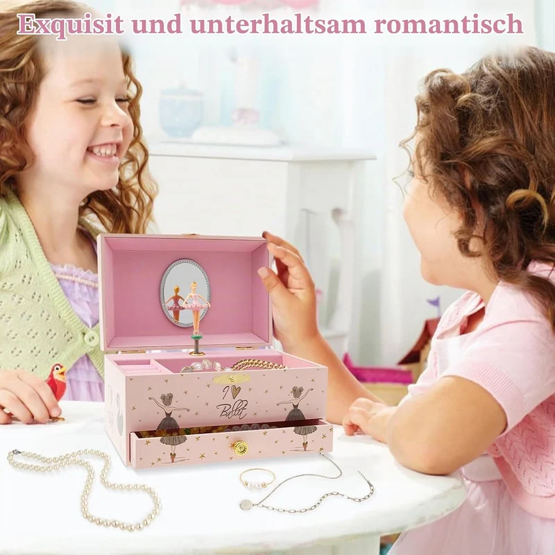 Musikalisches Schmuckkästchen Kinder Spieluhr mit Drehendem Einhorn Ballettmädchen Spiegel Schublade