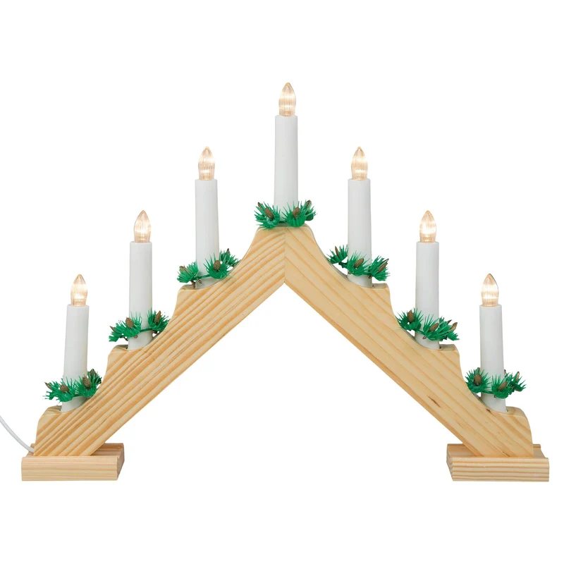 Idena 8582088 - LED Adventsleuchter mit 7 LED Kerzenlichtern in Warmweiss, Schwibbogen aus naturfarb