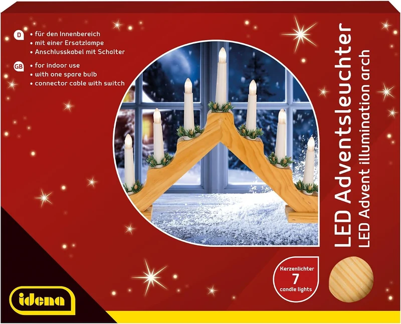 Idena 8582088 - LED Adventsleuchter mit 7 LED Kerzenlichtern in Warmweiss, Schwibbogen aus naturfarb