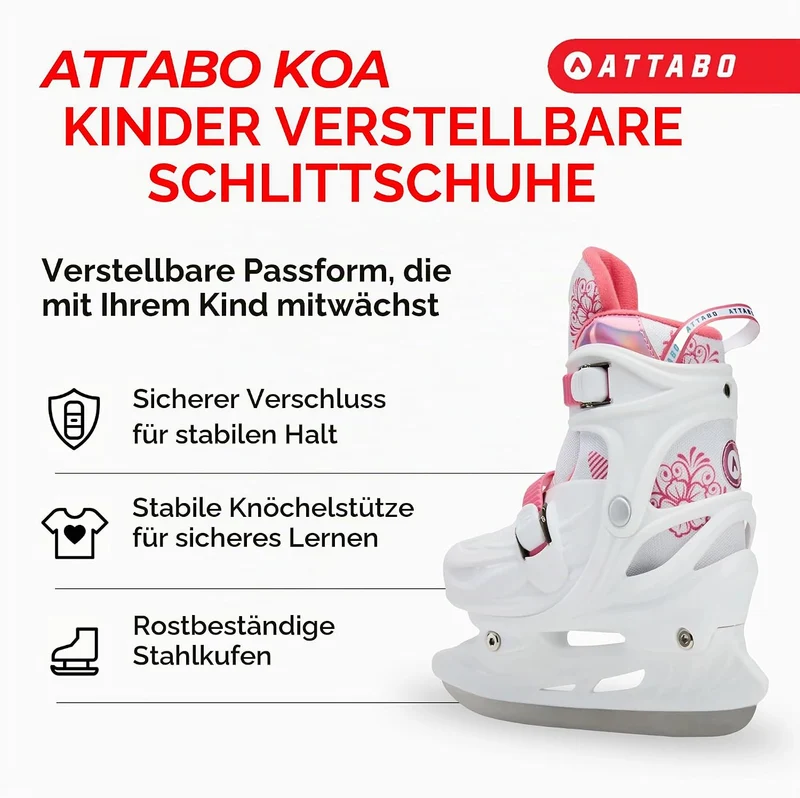 ATTABO KOA Kinder verstellbare Schlittschuhe | Freizeit Eislaufschuhe | PVC & PP Hartschale | Edelst