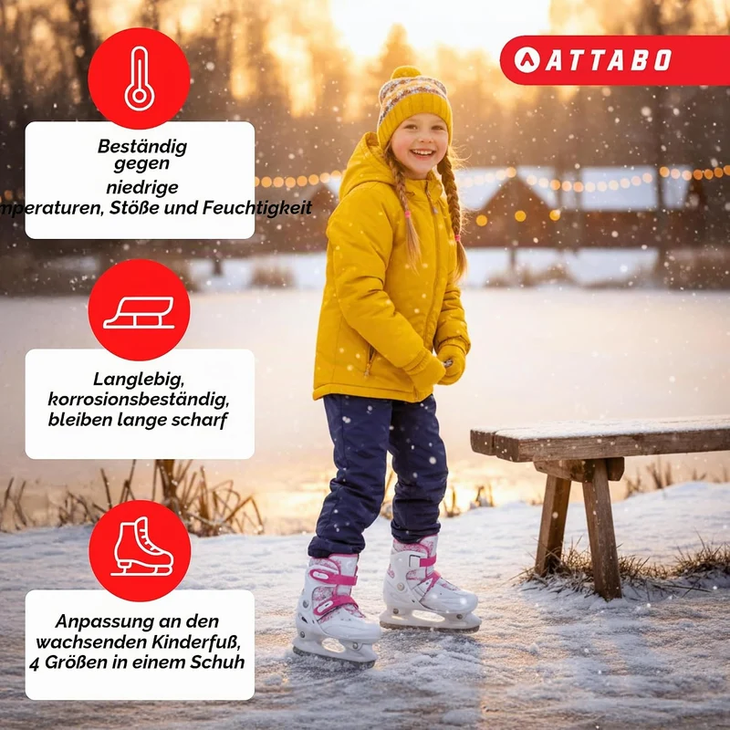 ATTABO KOA Kinder verstellbare Schlittschuhe | Freizeit Eislaufschuhe | PVC & PP Hartschale | Edelst